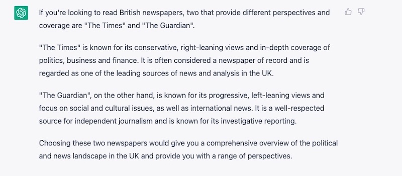 ChatGPT assesses The Times, Telegraph, Guardian, Wall Street Journal and the Financial Times